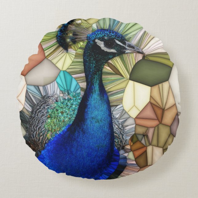 Colorful Peacock Mosaic Round Cushion (Front)
