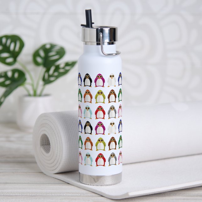 Colorful Penguin Pattern Fun Whimsical Cute Animal Water Bottle (Yoga (Rotated))