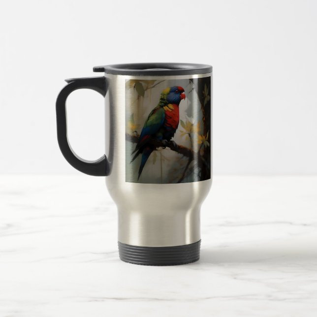 Colorful Perch: A Rainbow Lorikeet in the Tree Travel Mug (Left)