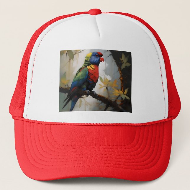 Colorful Perch: A Rainbow Lorikeet in the Tree Trucker Hat (Front)