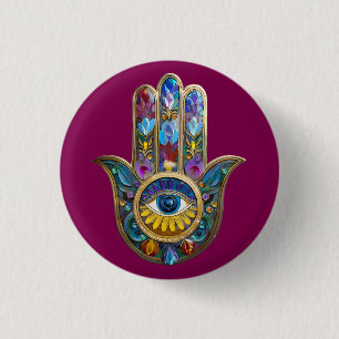 Colorful Petals Leaves Hamsa Sapphire Third Eye 3 Cm Round Badge