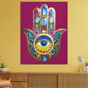 Colorful Petals Leaves Hamsa Sapphire Third Eye Canvas Print
