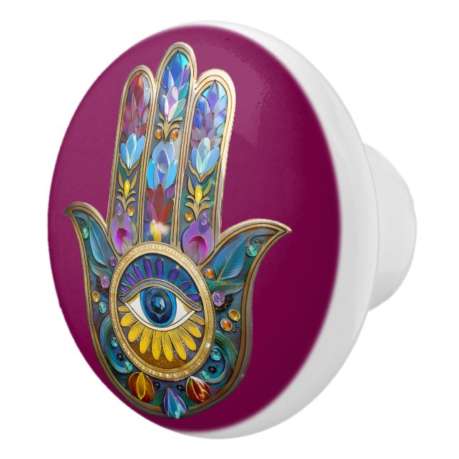 Colorful Petals Leaves Hamsa Sapphire Third Eye Ceramic Knob (Right)