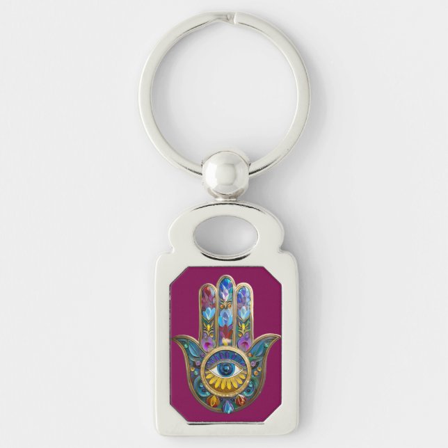 Colorful Petals Leaves Hamsa Sapphire Third Eye Key Ring (Front)