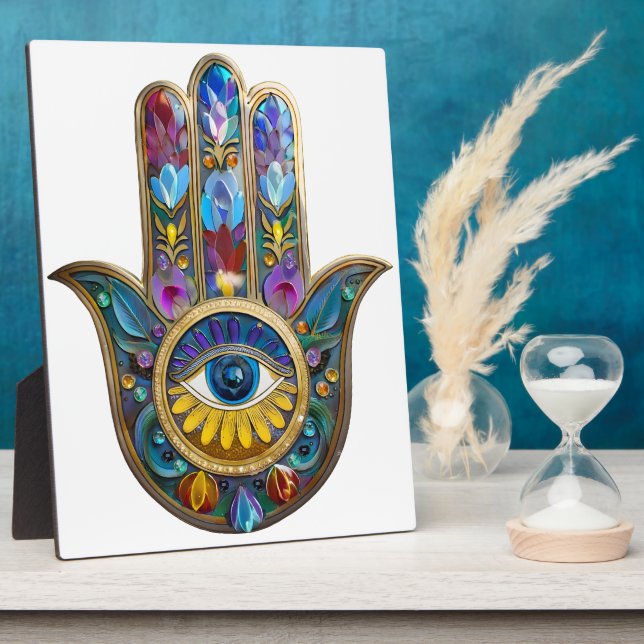 Colorful Petals Leaves Hamsa Sapphire Third Eye Plaque (Side)