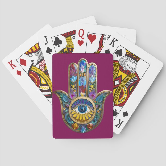 Colorful Petals Leaves Hamsa Sapphire Third Eye Playing Cards (Back)