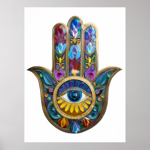 Colorful Petals Leaves Hamsa Sapphire Third Eye Poster