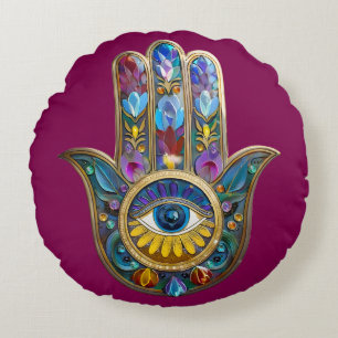 Colorful Petals Leaves Hamsa Sapphire Third Eye Round Cushion