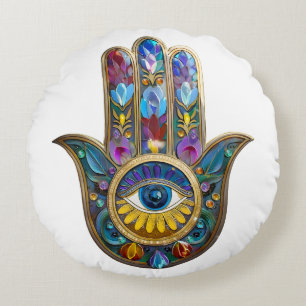 Colorful Petals Leaves Hamsa Sapphire Third Eye Round Cushion