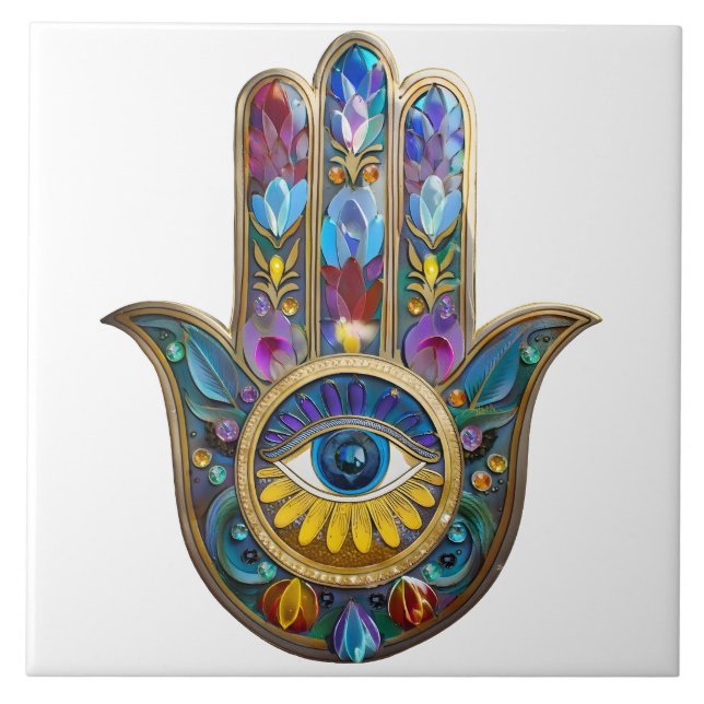 Colorful Petals Leaves Hamsa Sapphire Third Eye Tile (Front)