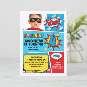 Colorful Photo Boom Superhero 4th Birthday Invitation