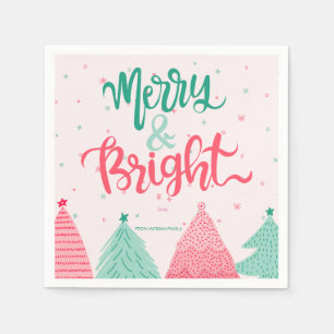 Colorful Pine Trees Merry & Bright Pink Napkin