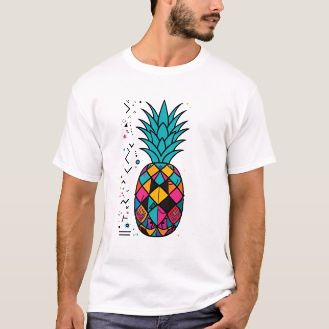 Colorful Pineapple in Retro Memphis Pattern T-Shirt (Front)