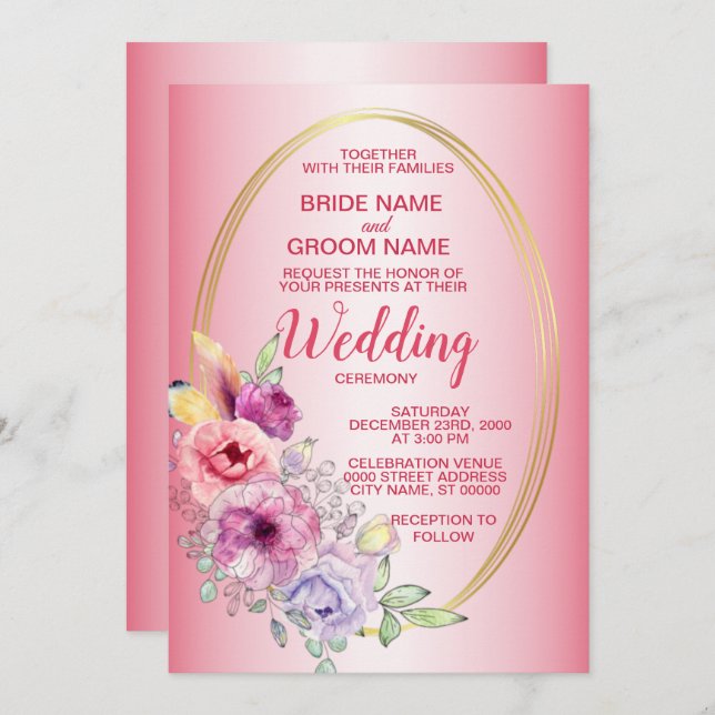 Colorful Pink Floral Gold Geometric Wedding Invitation (Front/Back)