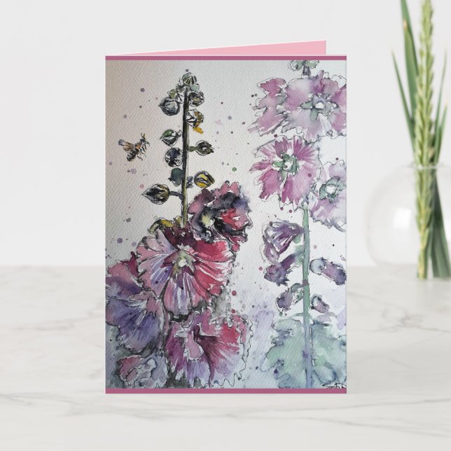Colorful Pink Hollyhock Watercolor Greetings Card (Front)