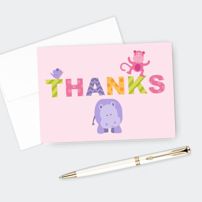 Colorful Pink Jungle Animals Girl Shower Thank You Card (Creator Uploaded)