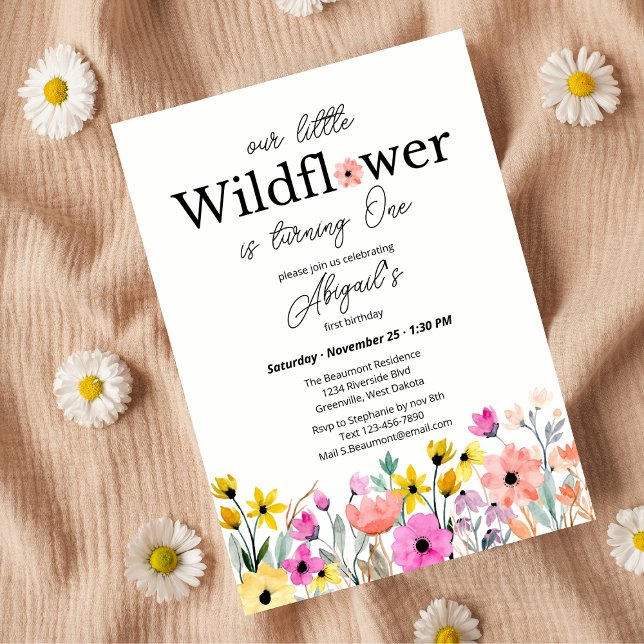 Colorful Pink Our Little Wildflower 1st Birthday Invitation (Creator Uploaded)
