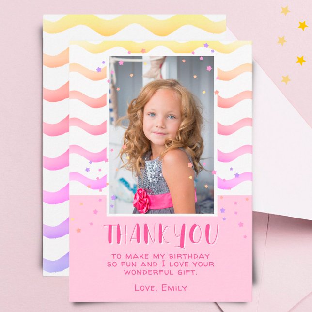 Colorful Pink Stars Birthday Kids Girl Photo Thank You Card (Creator Uploaded)