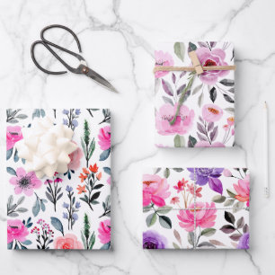 Colorful Pinks and Purple Watercolor Floral        Wrapping Paper Sheet
