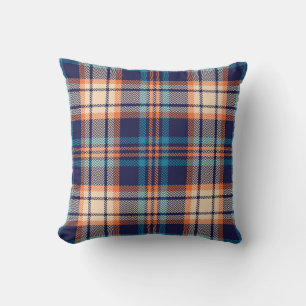 Colorful plaid pattern in blue, orange, beige. Her Cushion