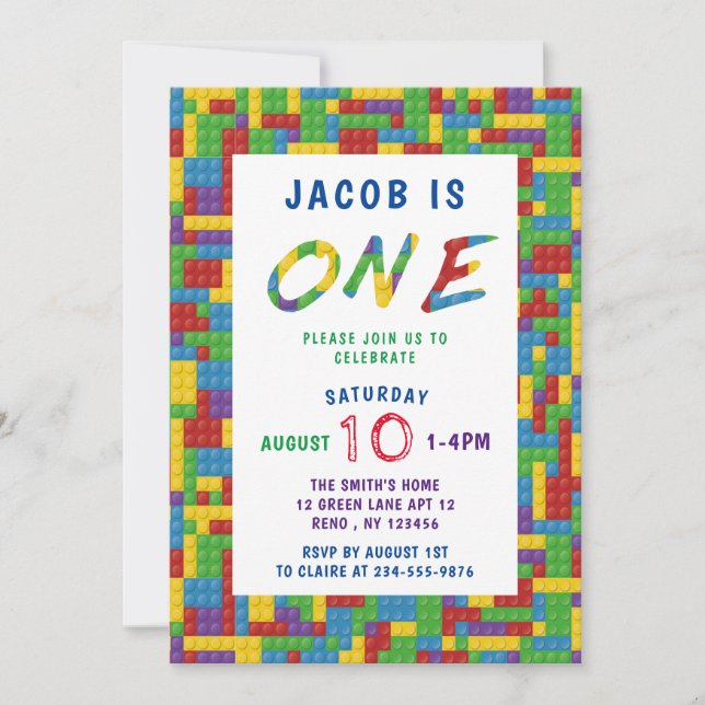 Colorful Plastic Blocks Boys First Birthday Invitation (Front)