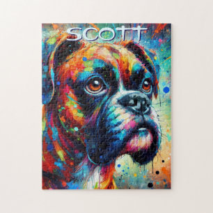 Colorful Pop Art Boxer Dog Personalized Teal Blue Jigsaw Puzzle