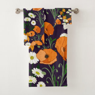 Colorful  poppies and daisies, orange and purple bath towel set
