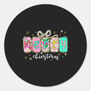 Colorful Preppy Merry Christmas Funny Coquette Bow Classic Round Sticker