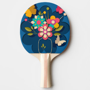 Colorful Pretty Modern Flowers Bouquet on Blue Ping Pong Paddle
