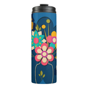 Colorful Pretty Modern Flowers Bouquet on Blue Thermal Tumbler