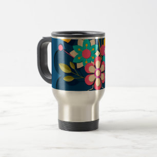 Colorful Pretty Modern Flowers Bouquet on Blue Travel Mug