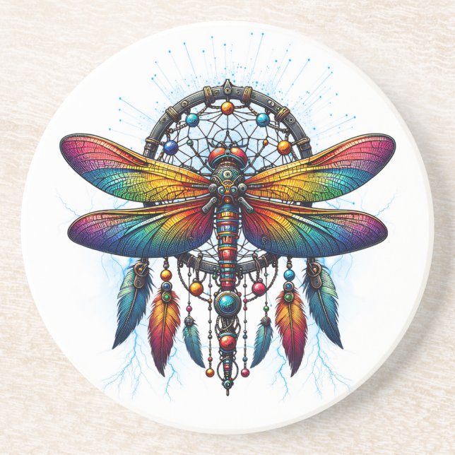 Colorful Psychedelic Dragonfly Dreamcatcher Boho Coaster (Front)