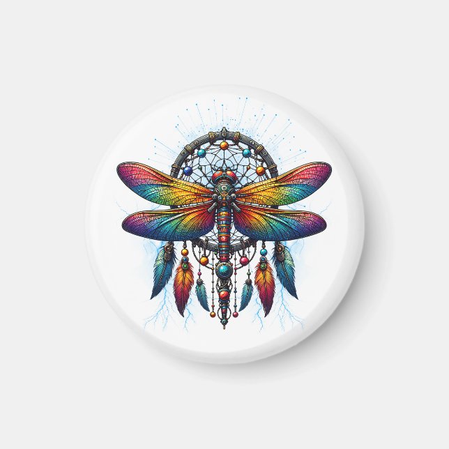 Colorful Psychedelic Dragonfly Dreamcatcher Boho Magnet (Front)