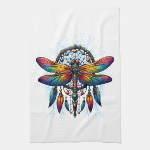 Colorful Psychedelic Dragonfly Dreamcatcher Boho Tea Towel