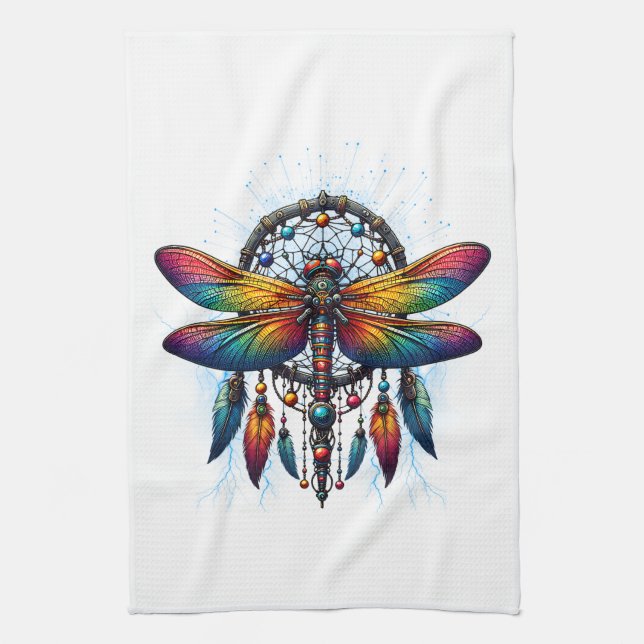 Colorful Psychedelic Dragonfly Dreamcatcher Boho Tea Towel (Vertical)