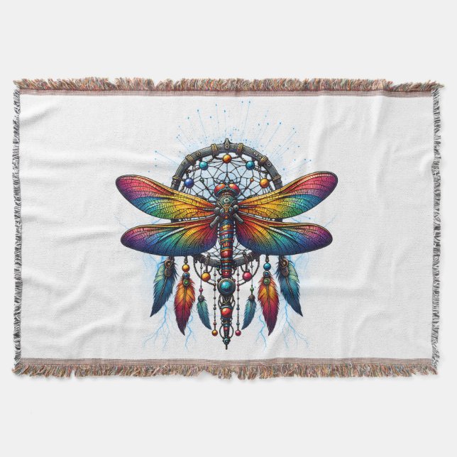 Colorful Psychedelic Dragonfly Dreamcatcher Boho Throw Blanket (Front)