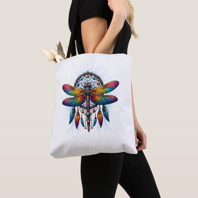Colorful Psychedelic Dragonfly Dreamcatcher Boho Tote Bag (Close Up)