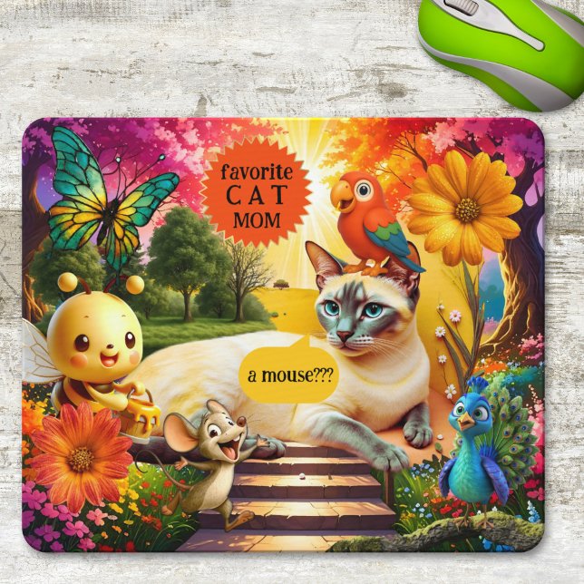 Colorful Psychedelic Funny Cat and Mouse Mat (Mouse pad featuring a funny psychedelic design featuring a cat surrounded by various animal friends)