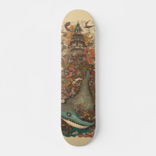 Colorful psychedelic sea creatures and lighthouse skateboard