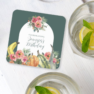 Colorful Pumpkins Pink Floral Birthday Party Square Paper Coaster