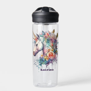 Colorful Purple Magical Floral Unicorn Watercolor Water Bottle