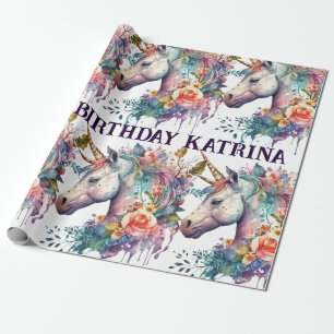 Colorful Purple Magical Floral Unicorn Watercolor Wrapping Paper