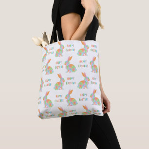 Colorful Rabbits Pattern With Happy Easter Text Tote Bag