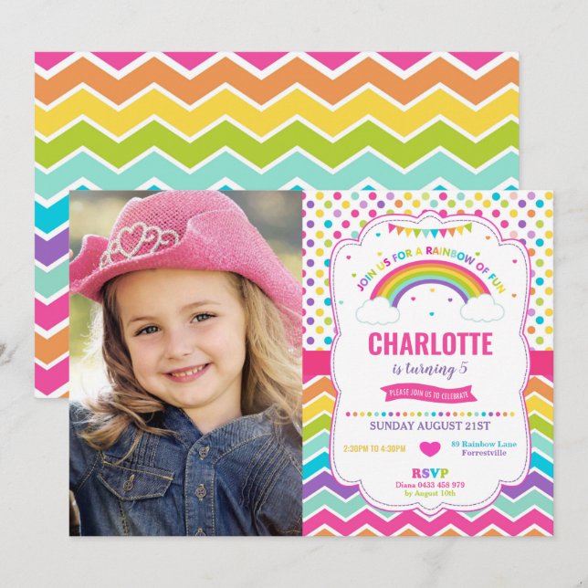 Colorful Rainbow Birthday Party Girl Photo Invitation (Front/Back)