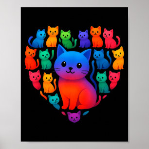 Colorful Rainbow Cats Heart Valentines Day Cat Gra Poster