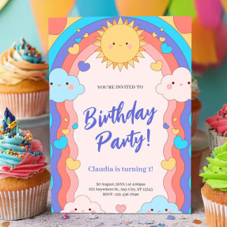Colorful Rainbow & Clouds Kids 1st Birthday Party Invitation