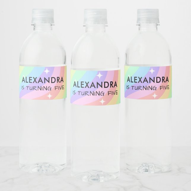 Colorful Rainbow Girl 5th Birthday Water Bottle Label (Bottles)
