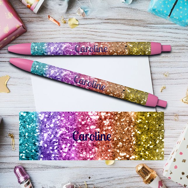 Colorful Rainbow Glitter Custom Name Black Ink Pen (Creator Uploaded)
