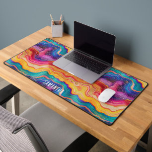 Colorful Rainbow Glittery Agate Texture Monogram Desk Mat
