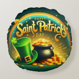 Colorful rainbow gold Saint Patrick's Day Round Cushion